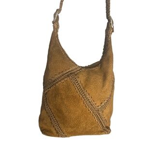 Vintage Lane Bryant Brown Genuine Suede Patchwork Crochet Shoulder Bag